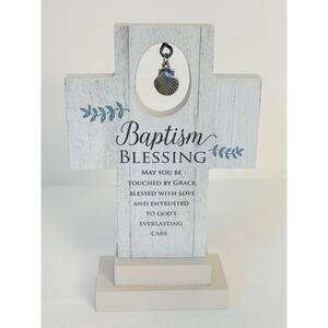 Baptism Blessing White Blue Wooden Free Standing Shell Prayer Decorative Cross